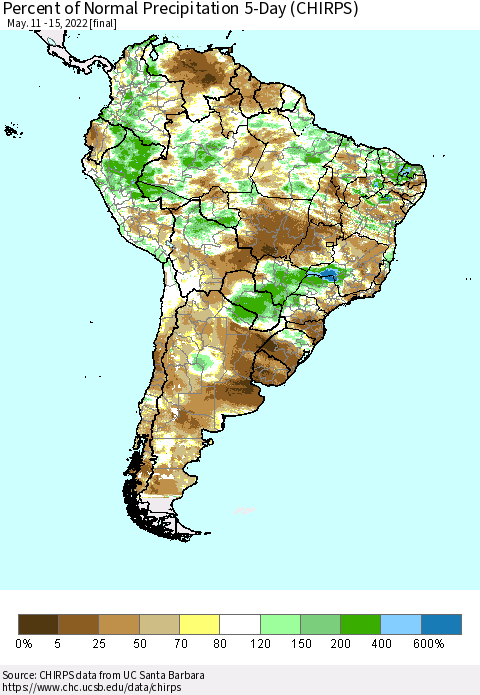 South America Percent of Normal Precipitation 5-Day (CHIRPS) Thematic Map For 5/11/2022 - 5/15/2022