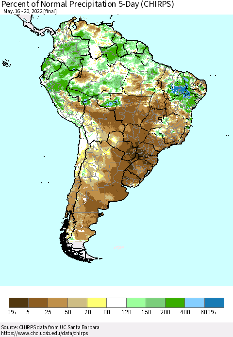 South America Percent of Normal Precipitation 5-Day (CHIRPS) Thematic Map For 5/16/2022 - 5/20/2022