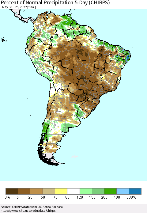 South America Percent of Normal Precipitation 5-Day (CHIRPS) Thematic Map For 5/21/2022 - 5/25/2022
