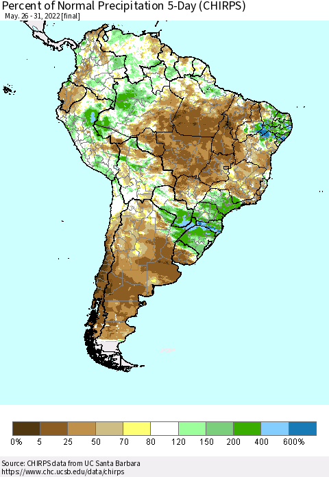 South America Percent of Normal Precipitation 5-Day (CHIRPS) Thematic Map For 5/26/2022 - 5/31/2022