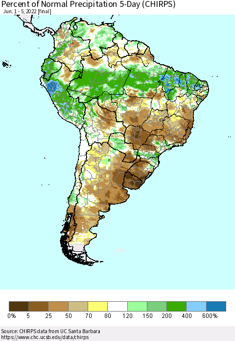 South America Percent of Normal Precipitation 5-Day (CHIRPS) Thematic Map For 6/1/2022 - 6/5/2022