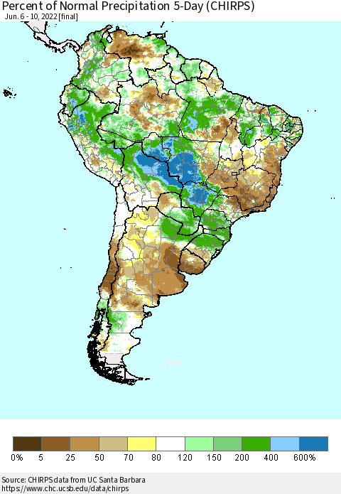 South America Percent of Normal Precipitation 5-Day (CHIRPS) Thematic Map For 6/6/2022 - 6/10/2022