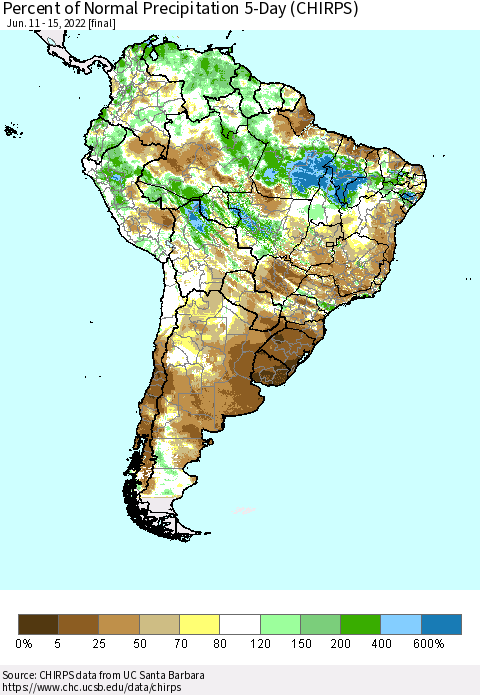 South America Percent of Normal Precipitation 5-Day (CHIRPS) Thematic Map For 6/11/2022 - 6/15/2022