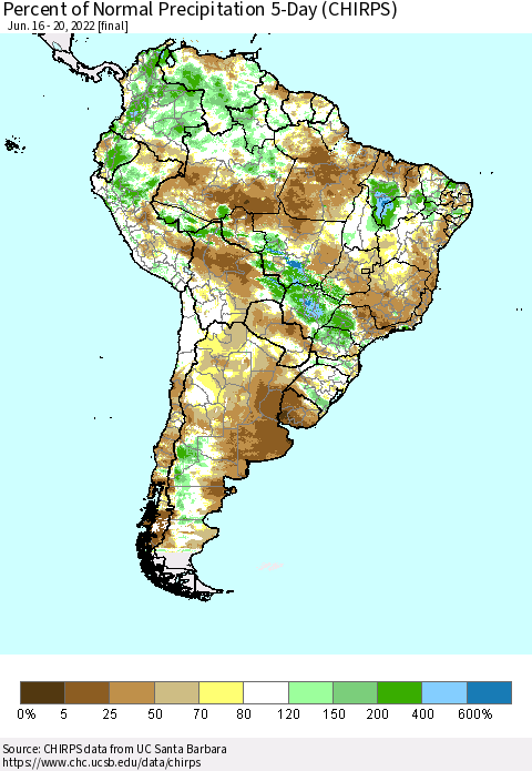 South America Percent of Normal Precipitation 5-Day (CHIRPS) Thematic Map For 6/16/2022 - 6/20/2022