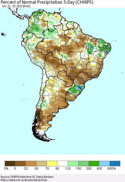 South America Percent of Normal Precipitation 5-Day (CHIRPS) Thematic Map For 6/21/2022 - 6/25/2022