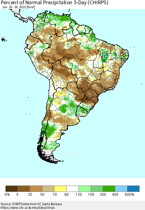 South America Percent of Normal Precipitation 5-Day (CHIRPS) Thematic Map For 6/26/2022 - 6/30/2022