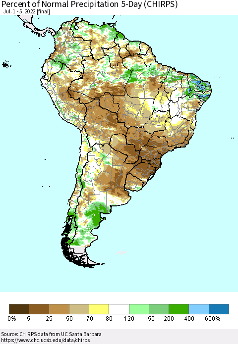 South America Percent of Normal Precipitation 5-Day (CHIRPS) Thematic Map For 7/1/2022 - 7/5/2022