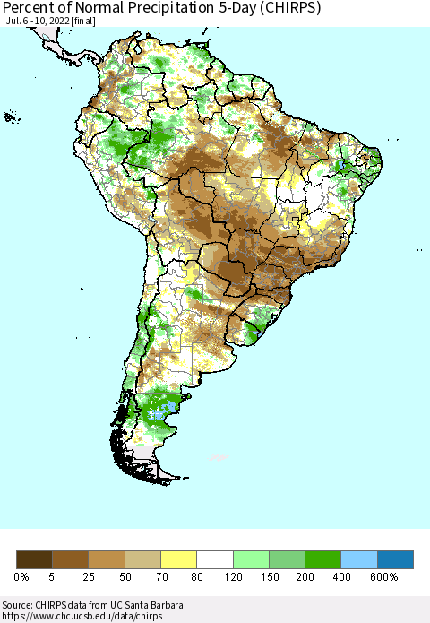 South America Percent of Normal Precipitation 5-Day (CHIRPS) Thematic Map For 7/6/2022 - 7/10/2022