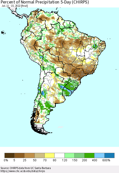 South America Percent of Normal Precipitation 5-Day (CHIRPS) Thematic Map For 7/11/2022 - 7/15/2022