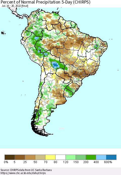 South America Percent of Normal Precipitation 5-Day (CHIRPS) Thematic Map For 7/16/2022 - 7/20/2022
