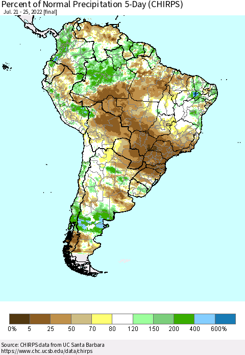 South America Percent of Normal Precipitation 5-Day (CHIRPS) Thematic Map For 7/21/2022 - 7/25/2022