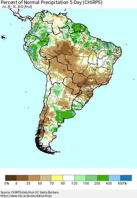 South America Percent of Normal Precipitation 5-Day (CHIRPS) Thematic Map For 7/26/2022 - 7/31/2022