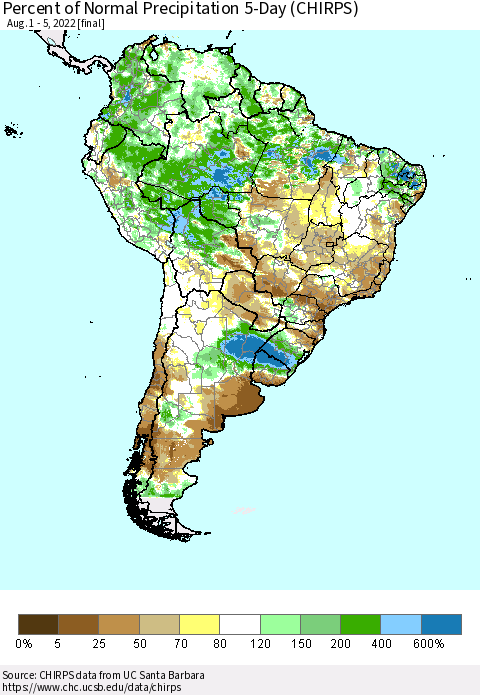 South America Percent of Normal Precipitation 5-Day (CHIRPS) Thematic Map For 8/1/2022 - 8/5/2022