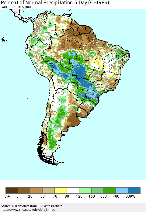 South America Percent of Normal Precipitation 5-Day (CHIRPS) Thematic Map For 8/6/2022 - 8/10/2022