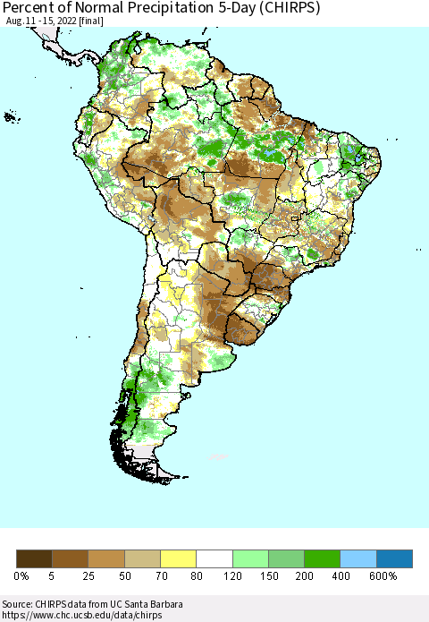 South America Percent of Normal Precipitation 5-Day (CHIRPS) Thematic Map For 8/11/2022 - 8/15/2022
