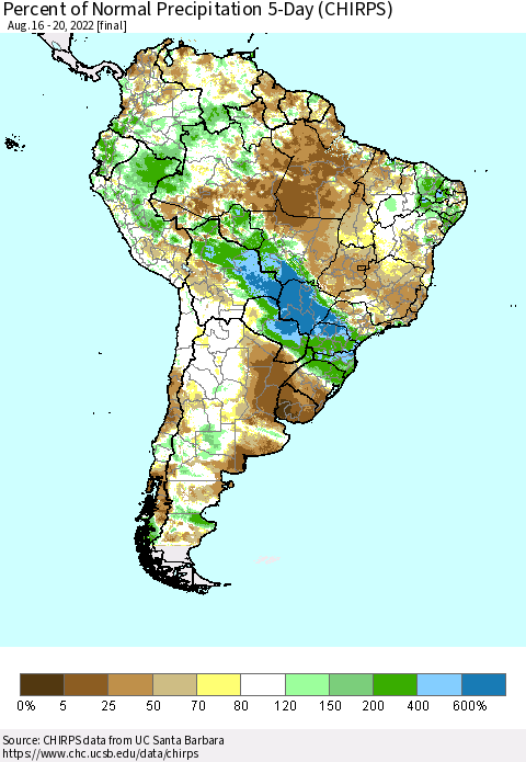 South America Percent of Normal Precipitation 5-Day (CHIRPS) Thematic Map For 8/16/2022 - 8/20/2022