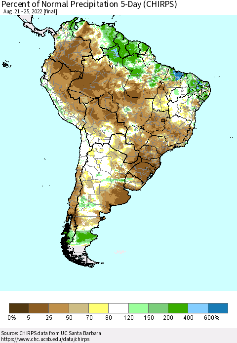 South America Percent of Normal Precipitation 5-Day (CHIRPS) Thematic Map For 8/21/2022 - 8/25/2022