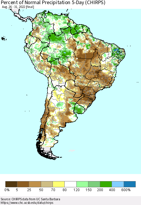South America Percent of Normal Precipitation 5-Day (CHIRPS) Thematic Map For 8/26/2022 - 8/31/2022