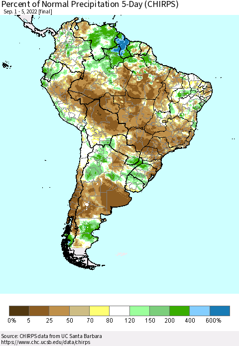 South America Percent of Normal Precipitation 5-Day (CHIRPS) Thematic Map For 9/1/2022 - 9/5/2022