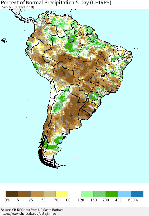 South America Percent of Normal Precipitation 5-Day (CHIRPS) Thematic Map For 9/6/2022 - 9/10/2022