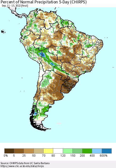 South America Percent of Normal Precipitation 5-Day (CHIRPS) Thematic Map For 9/11/2022 - 9/15/2022