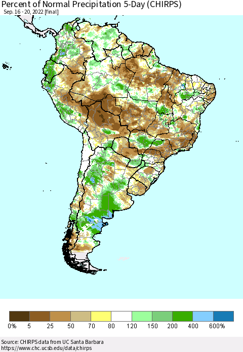 South America Percent of Normal Precipitation 5-Day (CHIRPS) Thematic Map For 9/16/2022 - 9/20/2022