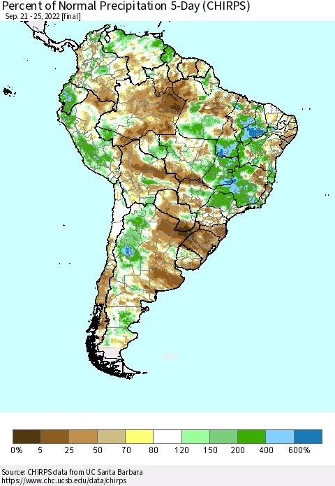 South America Percent of Normal Precipitation 5-Day (CHIRPS) Thematic Map For 9/21/2022 - 9/25/2022