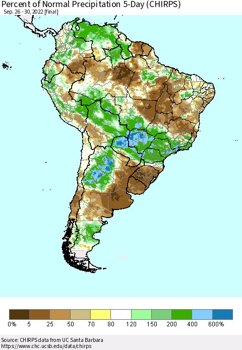 South America Percent of Normal Precipitation 5-Day (CHIRPS) Thematic Map For 9/26/2022 - 9/30/2022