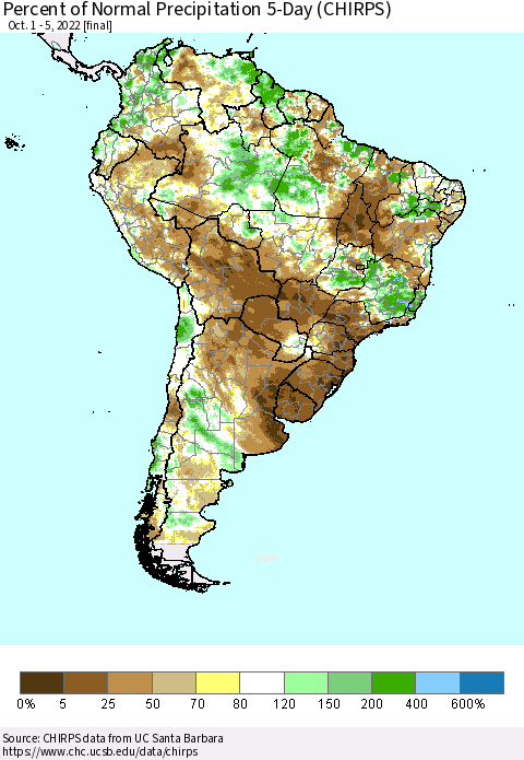 South America Percent of Normal Precipitation 5-Day (CHIRPS) Thematic Map For 10/1/2022 - 10/5/2022