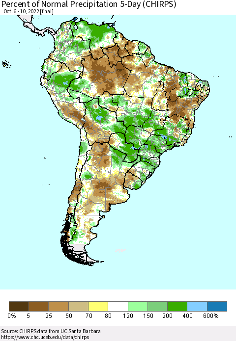 South America Percent of Normal Precipitation 5-Day (CHIRPS) Thematic Map For 10/6/2022 - 10/10/2022