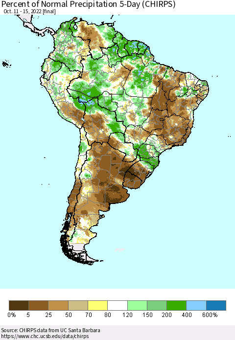South America Percent of Normal Precipitation 5-Day (CHIRPS) Thematic Map For 10/11/2022 - 10/15/2022