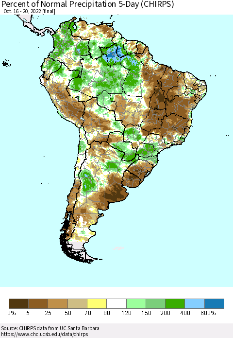 South America Percent of Normal Precipitation 5-Day (CHIRPS) Thematic Map For 10/16/2022 - 10/20/2022