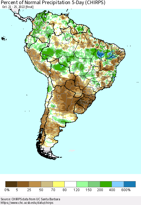South America Percent of Normal Precipitation 5-Day (CHIRPS) Thematic Map For 10/21/2022 - 10/25/2022