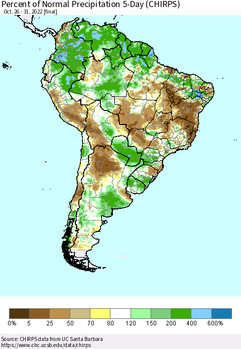 South America Percent of Normal Precipitation 5-Day (CHIRPS) Thematic Map For 10/26/2022 - 10/31/2022