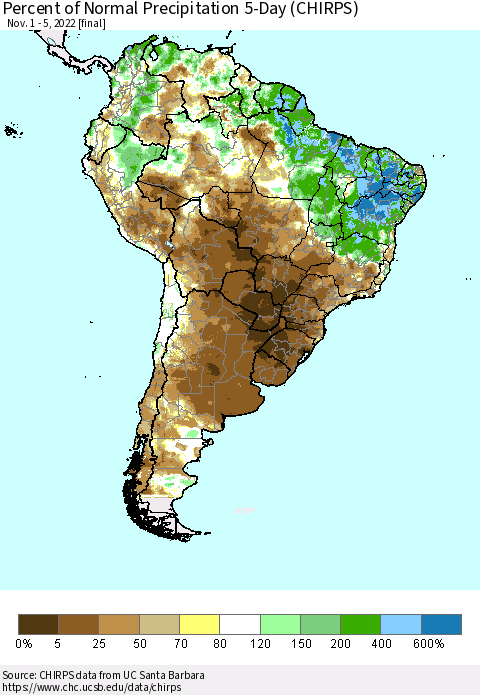 South America Percent of Normal Precipitation 5-Day (CHIRPS) Thematic Map For 11/1/2022 - 11/5/2022