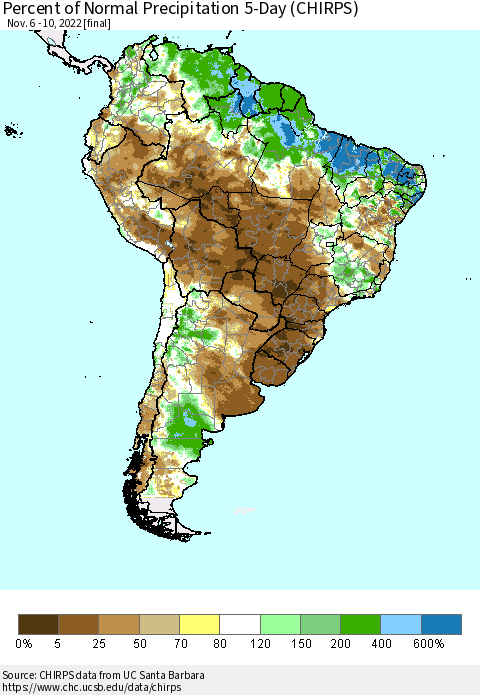 South America Percent of Normal Precipitation 5-Day (CHIRPS) Thematic Map For 11/6/2022 - 11/10/2022
