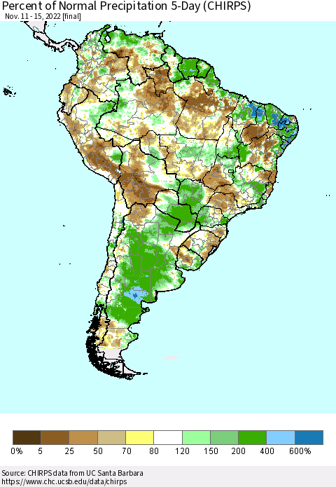 South America Percent of Normal Precipitation 5-Day (CHIRPS) Thematic Map For 11/11/2022 - 11/15/2022