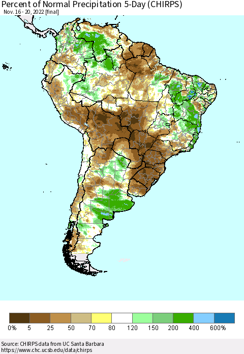 South America Percent of Normal Precipitation 5-Day (CHIRPS) Thematic Map For 11/16/2022 - 11/20/2022
