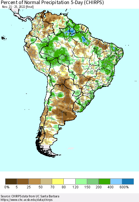 South America Percent of Normal Precipitation 5-Day (CHIRPS) Thematic Map For 11/21/2022 - 11/25/2022