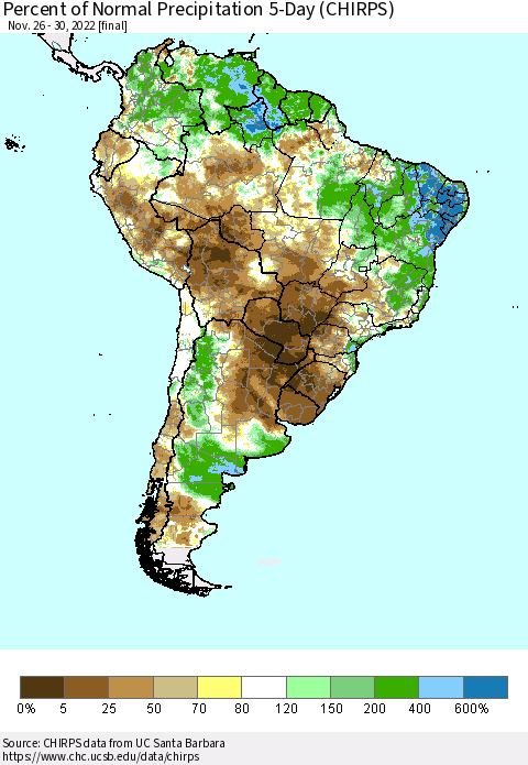 South America Percent of Normal Precipitation 5-Day (CHIRPS) Thematic Map For 11/26/2022 - 11/30/2022