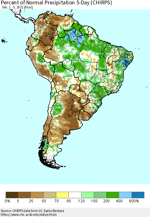 South America Percent of Normal Precipitation 5-Day (CHIRPS) Thematic Map For 12/1/2022 - 12/5/2022