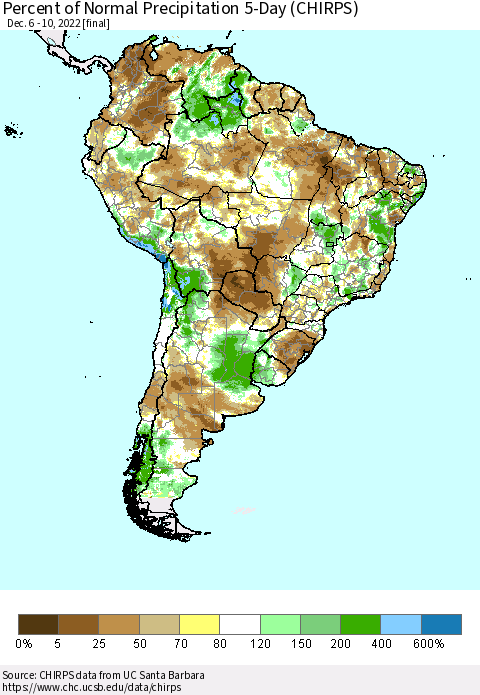 South America Percent of Normal Precipitation 5-Day (CHIRPS) Thematic Map For 12/6/2022 - 12/10/2022