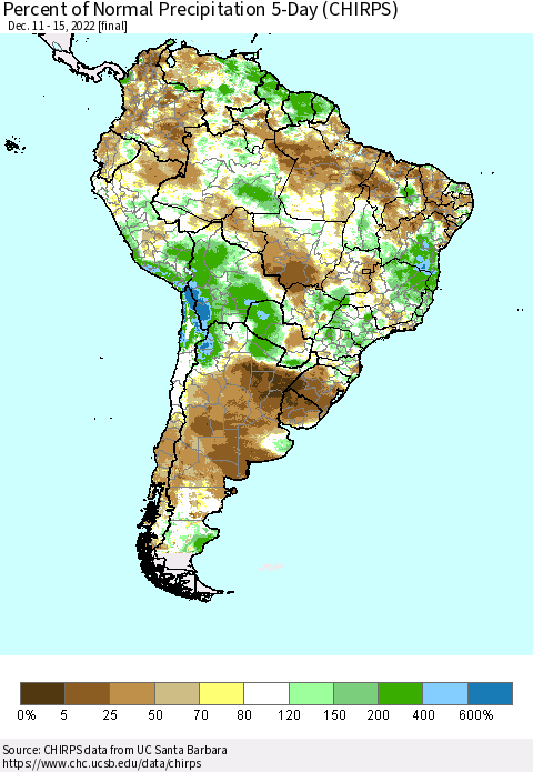 South America Percent of Normal Precipitation 5-Day (CHIRPS) Thematic Map For 12/11/2022 - 12/15/2022