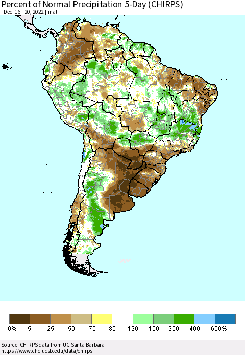 South America Percent of Normal Precipitation 5-Day (CHIRPS) Thematic Map For 12/16/2022 - 12/20/2022