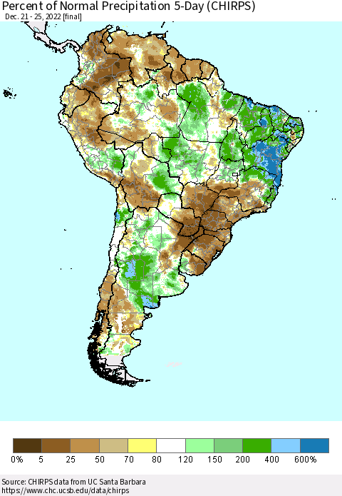 South America Percent of Normal Precipitation 5-Day (CHIRPS) Thematic Map For 12/21/2022 - 12/25/2022
