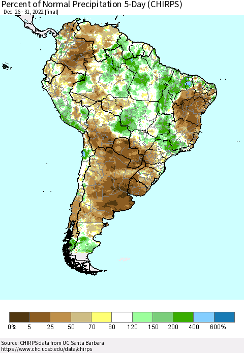 South America Percent of Normal Precipitation 5-Day (CHIRPS) Thematic Map For 12/26/2022 - 12/31/2022