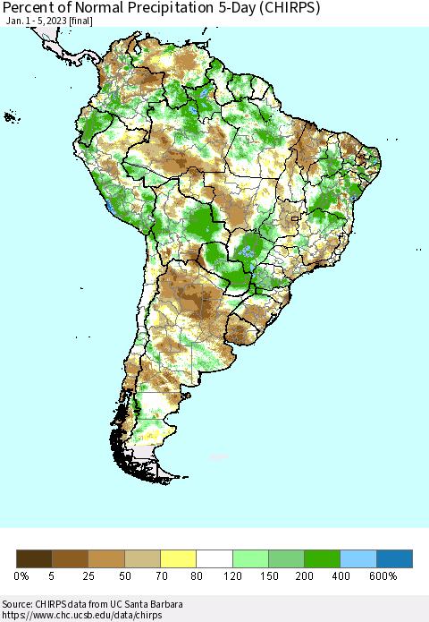 South America Percent of Normal Precipitation 5-Day (CHIRPS) Thematic Map For 1/1/2023 - 1/5/2023