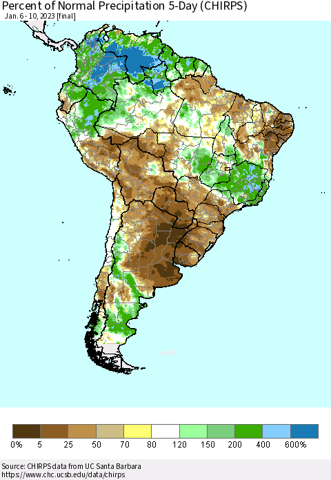 South America Percent of Normal Precipitation 5-Day (CHIRPS) Thematic Map For 1/6/2023 - 1/10/2023