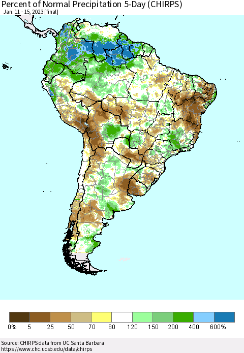 South America Percent of Normal Precipitation 5-Day (CHIRPS) Thematic Map For 1/11/2023 - 1/15/2023