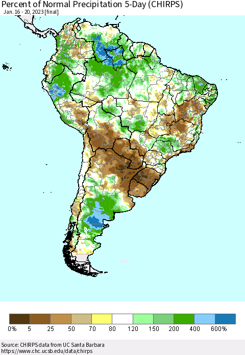 South America Percent of Normal Precipitation 5-Day (CHIRPS) Thematic Map For 1/16/2023 - 1/20/2023